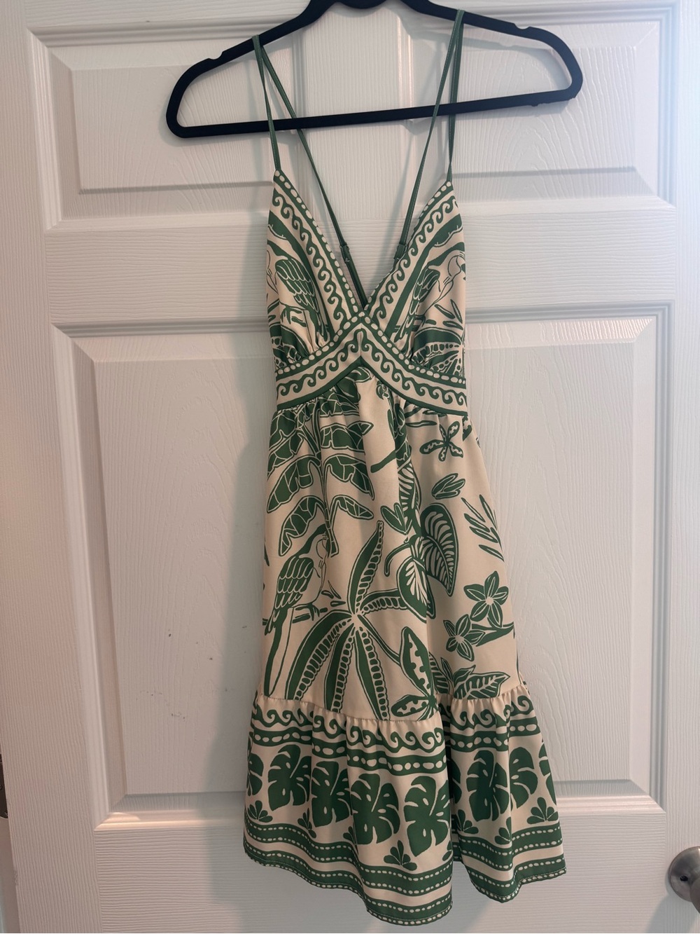 Green Printed Spaghetti-Strap Summer Dress